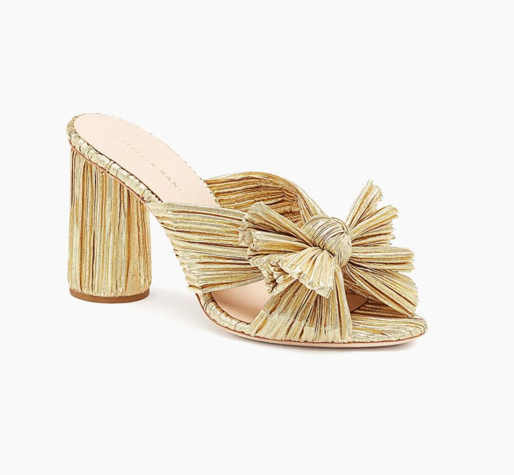 NIB Loeffler Randall Penny Gold Pleated Bow Knot Mule Heels Sandals 5.5B